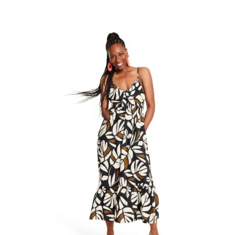 Tabitha Brown Neutral Botanical tie front dress